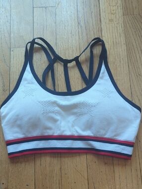 bcg White Sports Bra with Navy Blue Straps and Red Accent band